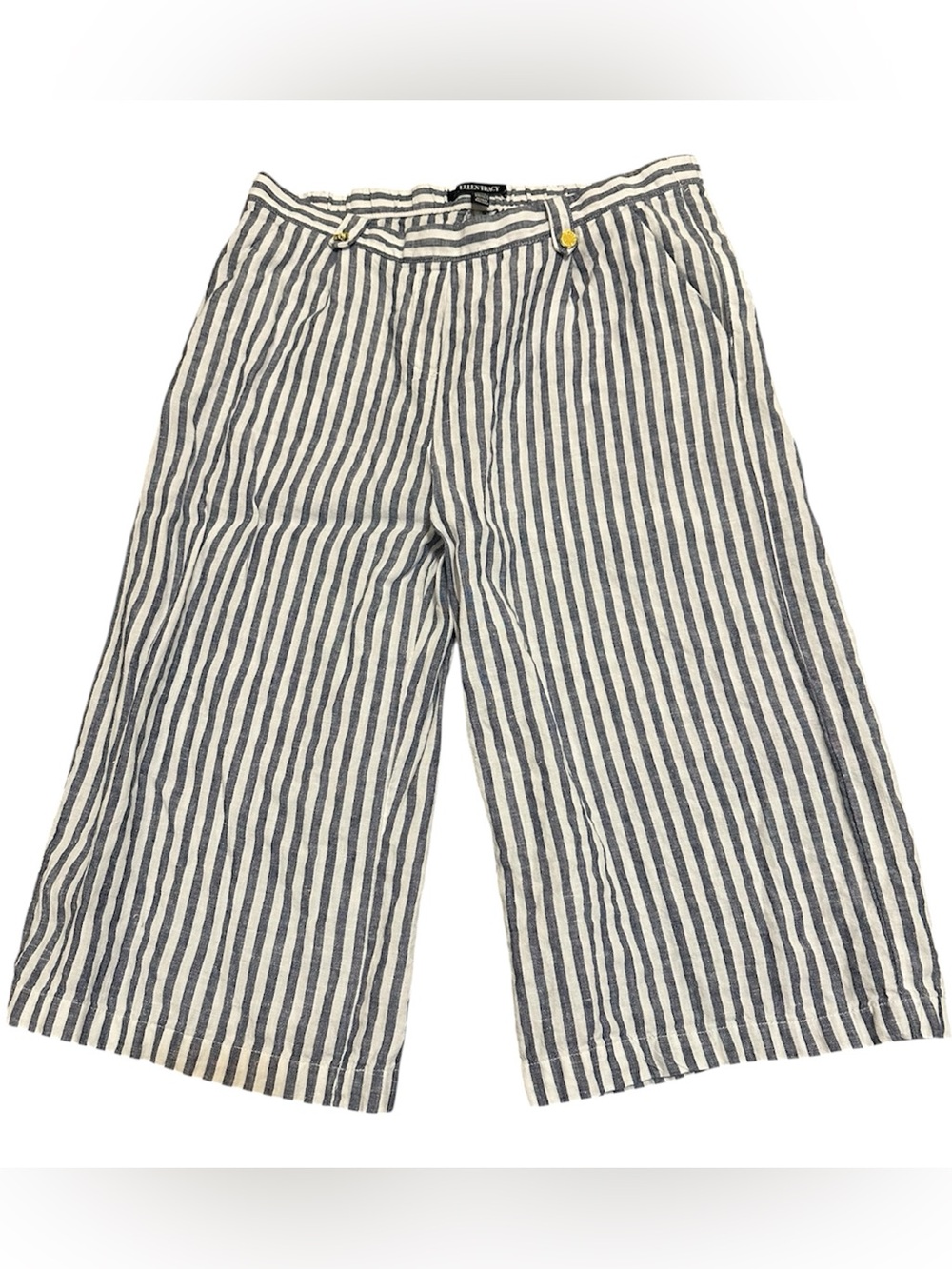 Ellen Tracy blue and white striped 100% linen cropped wide-leg pants